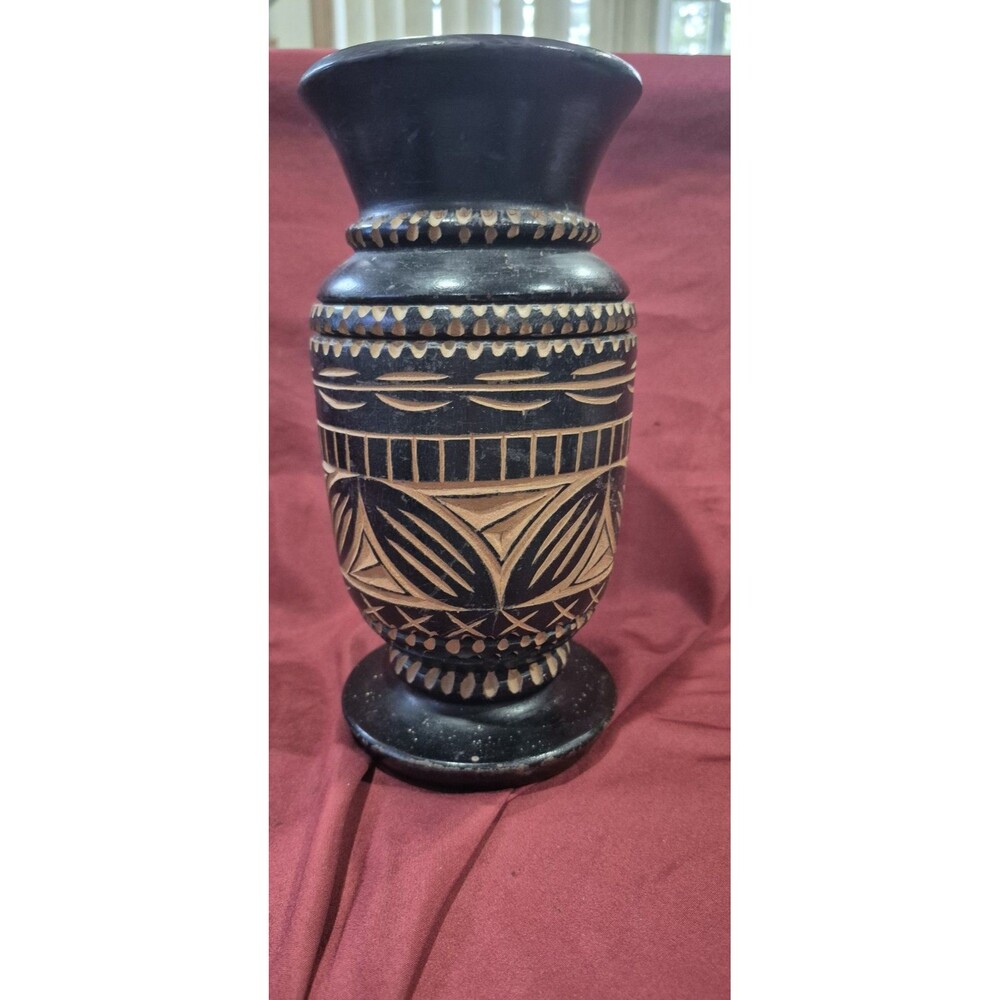 Vintage Hand Carved Wooden Vase 9.25" Pedestal Folk Art Boho Black Brown
